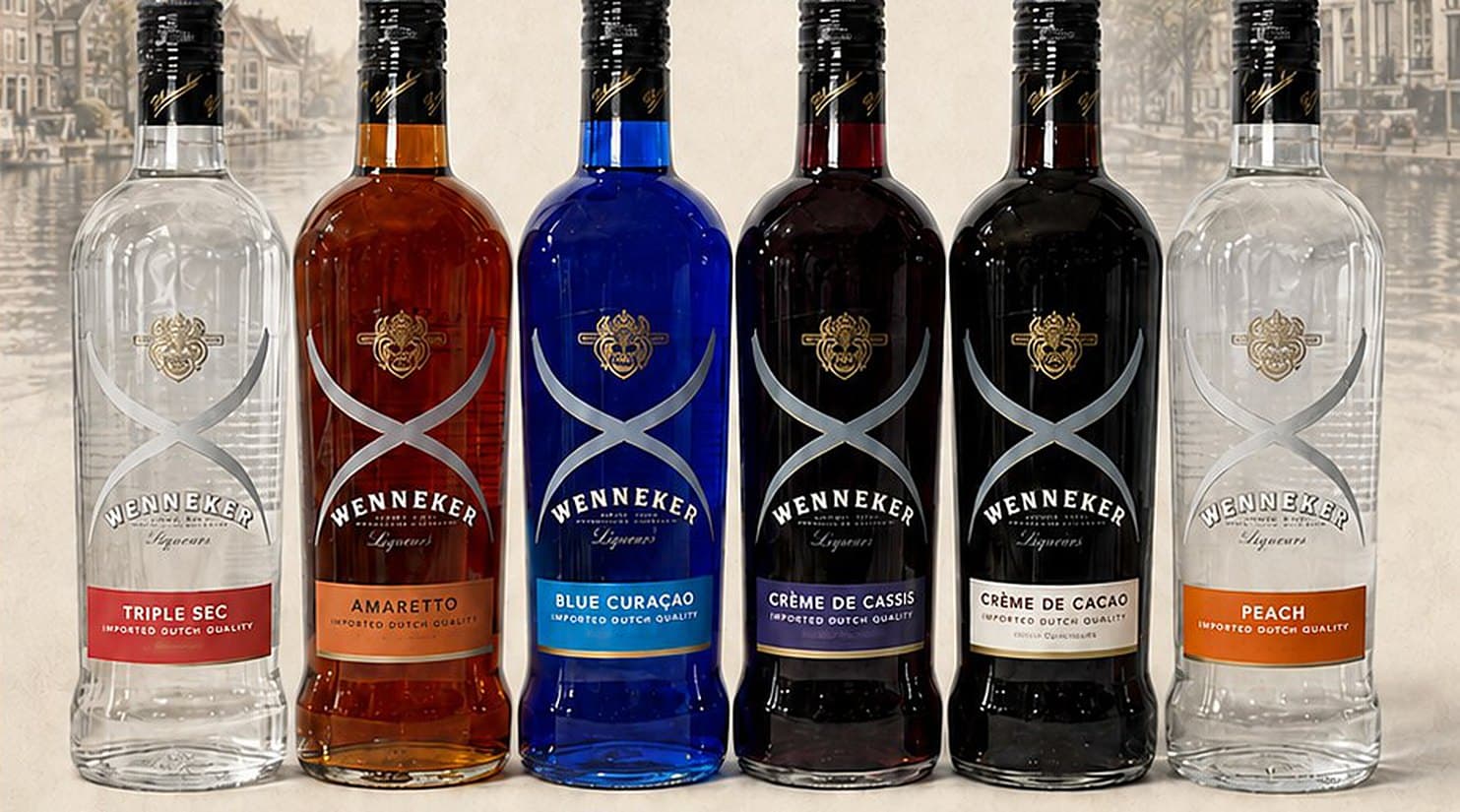 The six Wenneker cordials: Triple Sec, Amaretto, Blue Curaçao, Crème de Cassis, Crème de Cacao and Peach