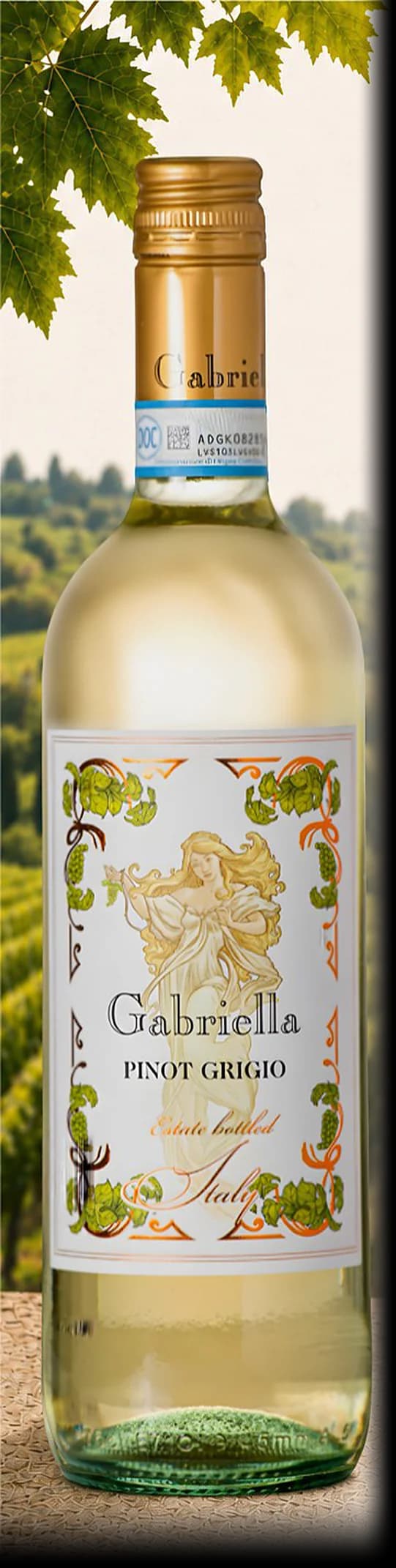 Gabriella Pinot Grigio in front of a Friuli vineyard
