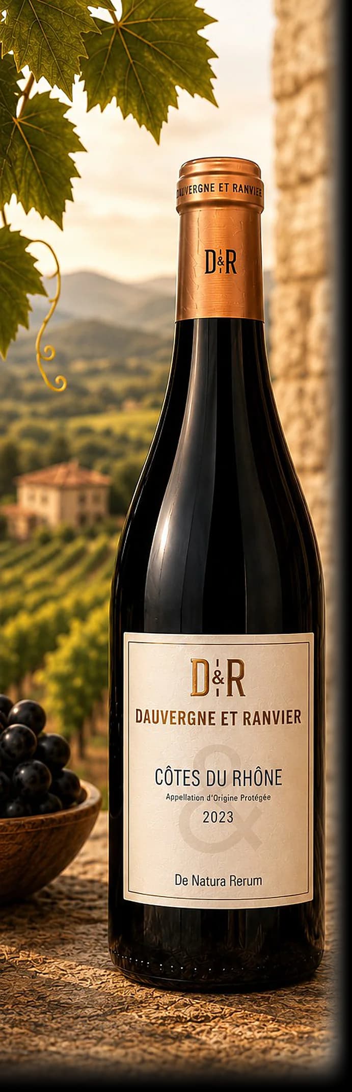 D&R Côtes du Rhône — bottle photographed for the Vindagra portfolio book